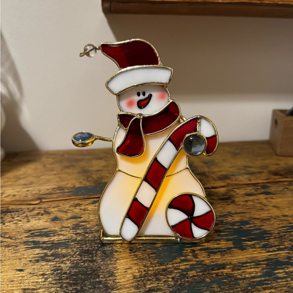 Stained Glass Snowman Tealight Holder with Red Accents